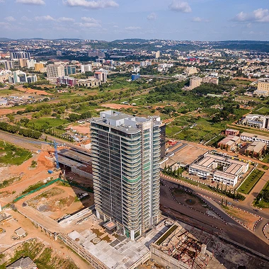 Aerial view of a city showcasing a construction site for commercial and residential properties for project development.